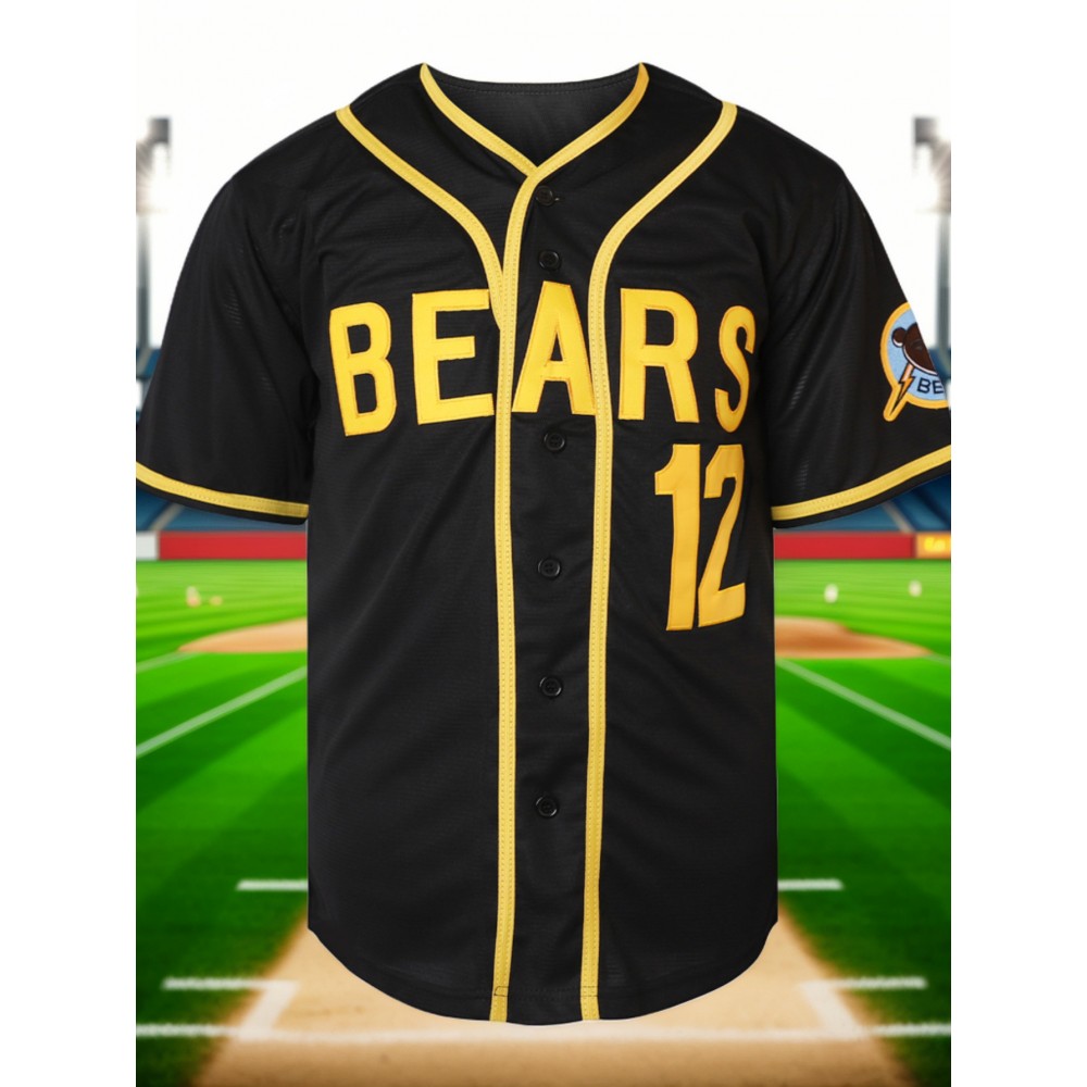 [Sporty] Men's #12 Black Baseball Jersey with Yellow Embroidery - V-Neck, Short Sleeve, Button-Up Shirt, Comfortable Polyester Fabric, Ideal for Training and Games