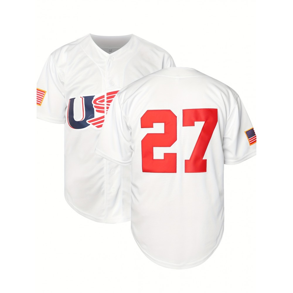 Men'S #27 White Baseball Jersey Stitched Polyester Men'S Retro Baseball Shirt Button Short Sleeved Baseball Top S-3XL Hip Hop Clothess