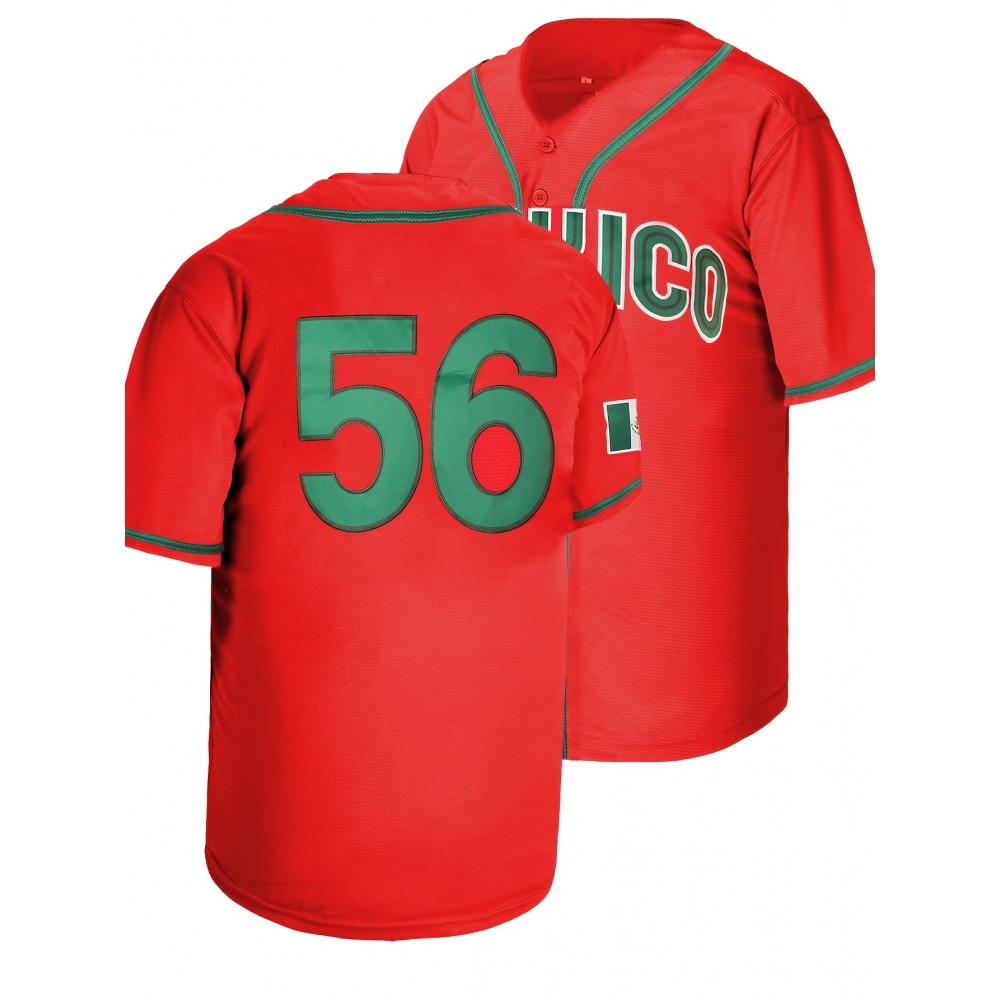 Men's #56 Red Embroidered Baseball Jersey - V-Neck, Short Sleeve, Polyester Sports Shirt for All Seasons
