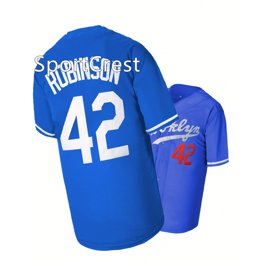 Men's Retro Baseball Jersey #42 Blue & Red Embroidered V-Neck Loose Fit Short Sleeve Top - Breathable Polyester, Machine Washable for Sports, Parties, Holidays (S-3XL), Holiday Apparel | Sporty Style | Quality Stitching