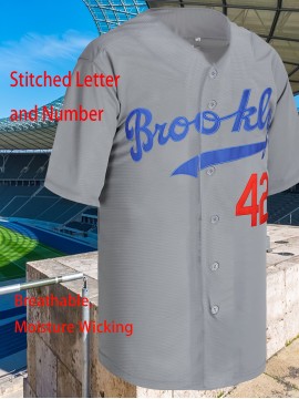 #42 Grey Baseball Jersey Stitched Polyester Men'S Retro Baseball Shirt Button Short Sleeved Baseball Top S-3XL Hip Hop Clothes