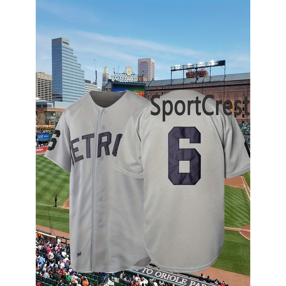Men's Retro Baseball Jersey #6 Grey - Loose Fit V-Neck Button-Up Short Sleeve, Heavyweight 100% Polyester with Full Embroidery, All-Season Casual & Sports Wear (S-3XL), Outdoor Activity Apparel, Sporty Look, Durable Sportswear