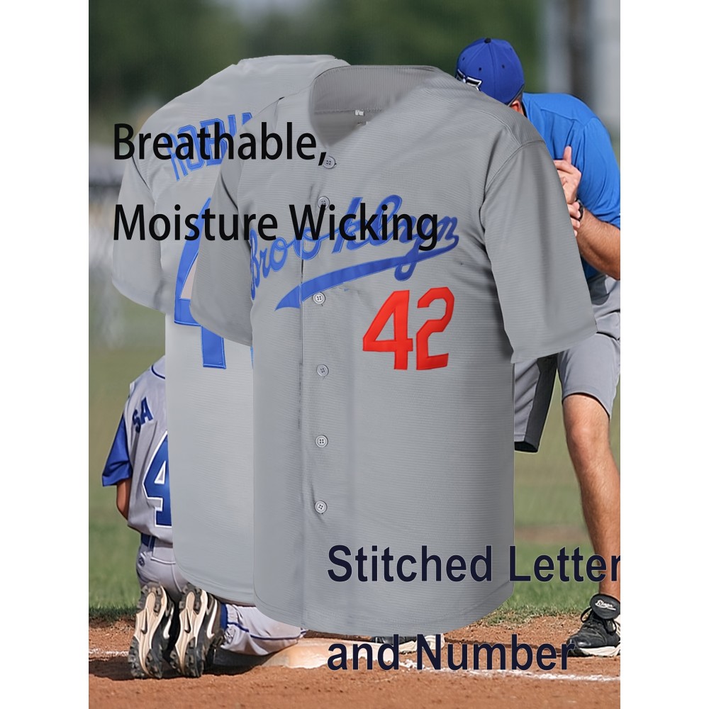 42 Grey Baseball Jersey Stitched Polyester Men'S Retro Baseball Shirt Button Short Sleeved Baseball Top S-3XL Hip Hop Clothes