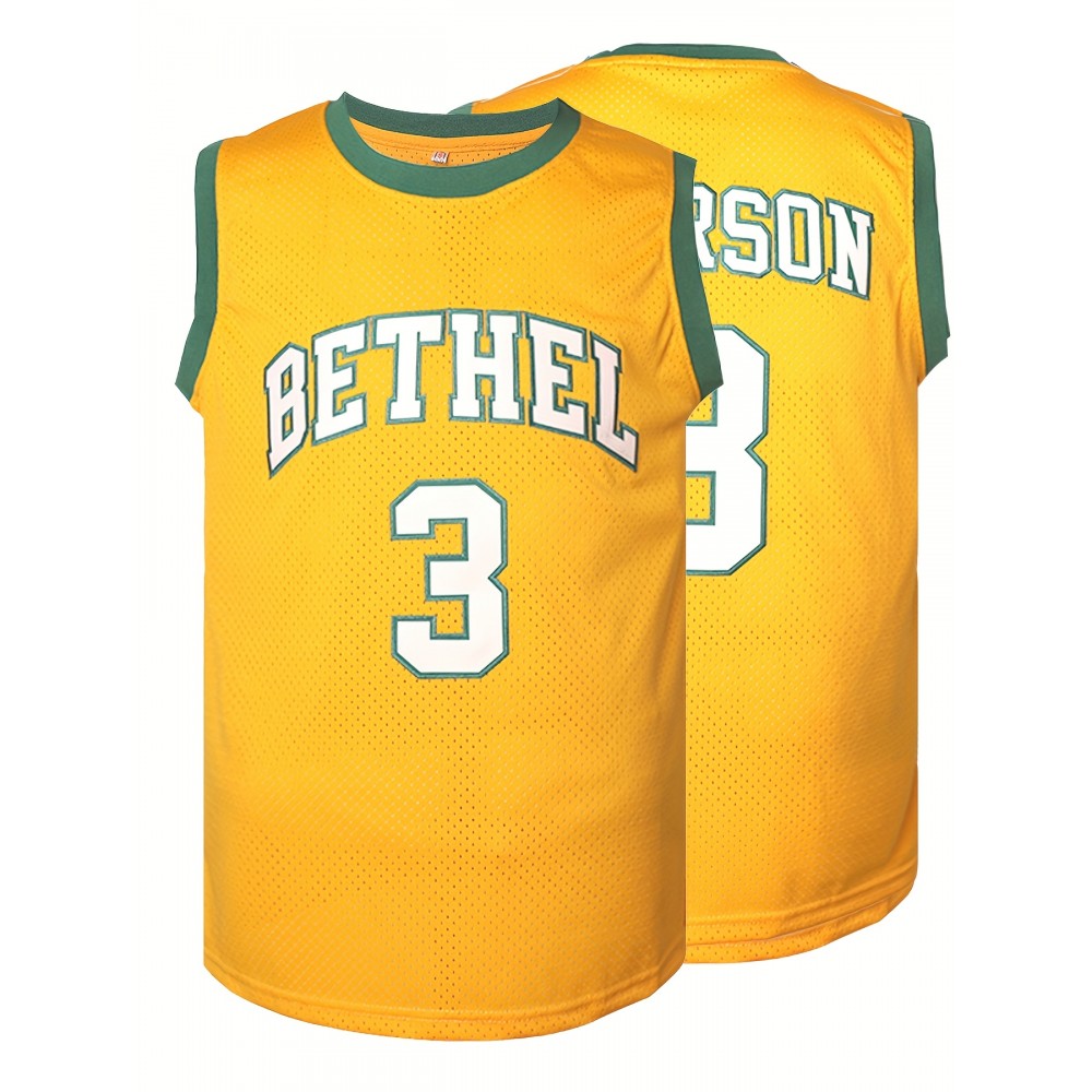 Men's #3 Yellow Embroidered Basketball Jersey - Sleeveless Polyester Sports Top with Green Trim, Classic Athletic Shirt for Fans, Parties, and Casual Wear, Outdoor Apparel | Team Style Top | Embroidered Details