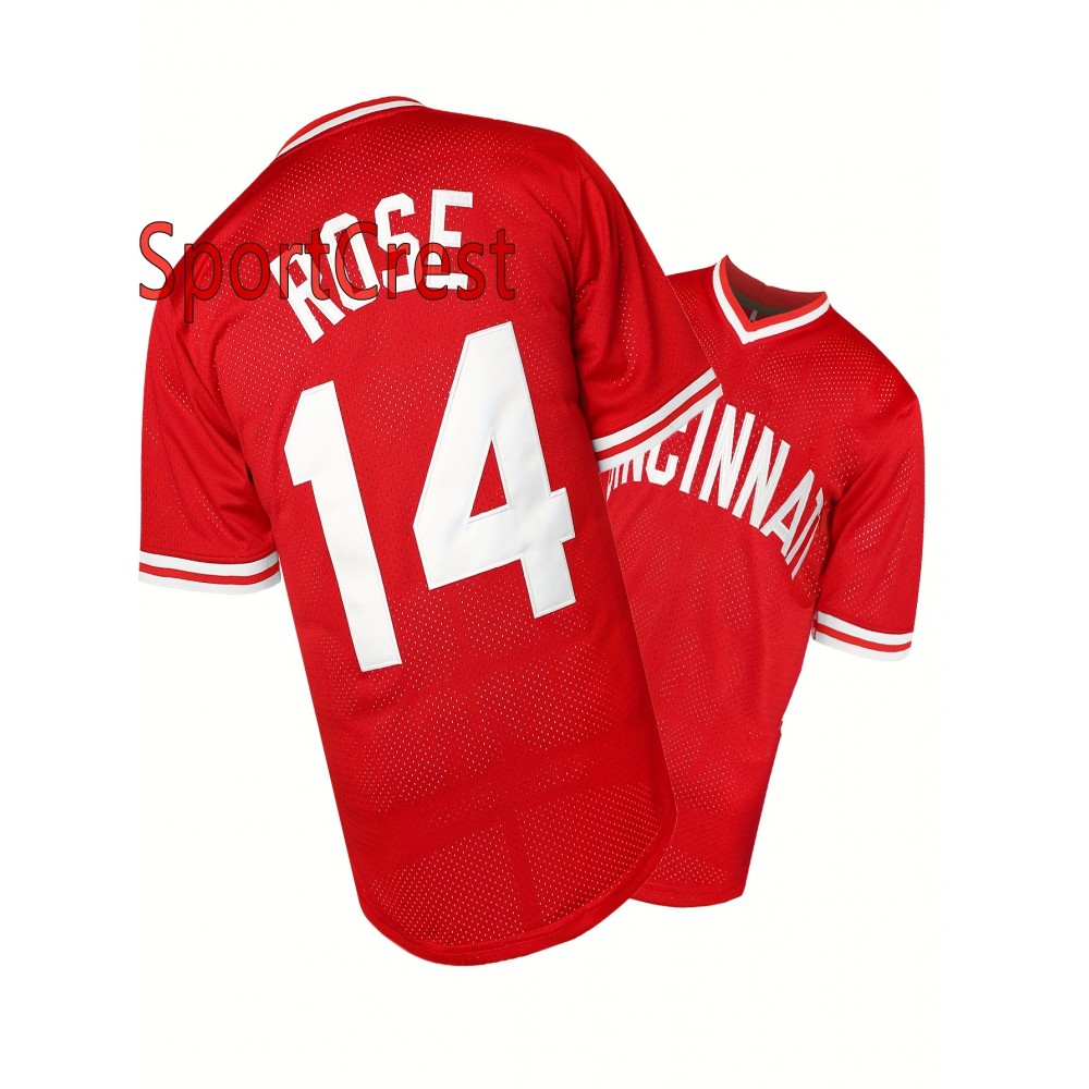 Men's Breathable Baseball Jersey with Embroidered #14 & ROSE Design, 100% Polyester V-Neck Short Sleeve Shirt, Loose Fit for Training, Competition & Casual Wear - All-Season Machine Washable, Best for Christmas