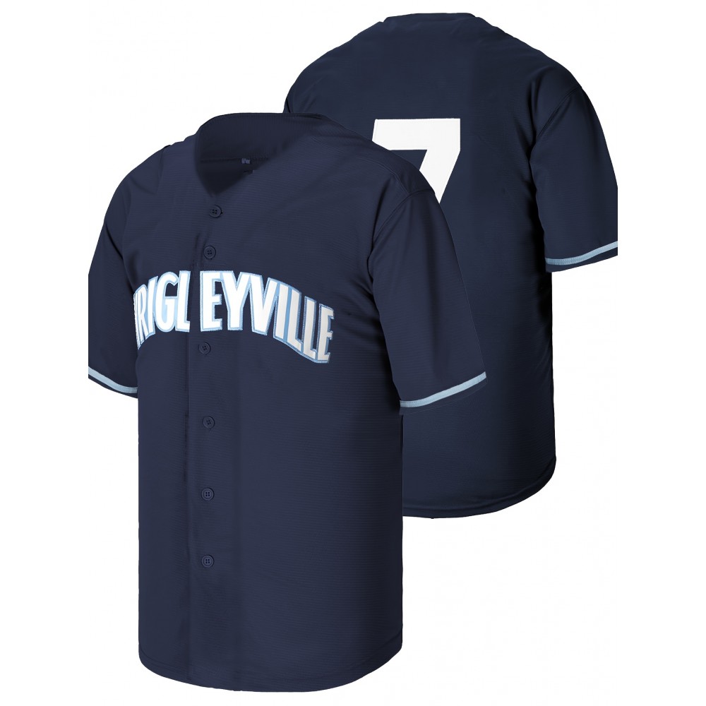 Men's #7 Navy Blue Embroidered Baseball Jersey - V-Neck, Short Sleeve, Polyester Sports Shirt for All Seasons