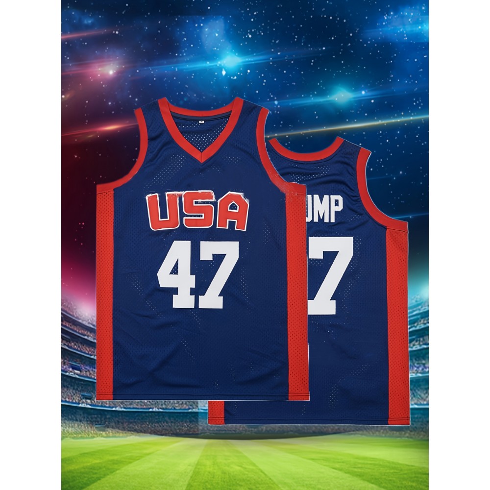 [Outdoor Adventures] Men's #47 USA Basketball Jersey - Patriotic Blue & Red, Breathable Polyester Mesh, Sleeveless Sports Top with 