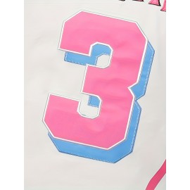 Men's #3 Basketball Jersey - Sleeveless Loose Fit Polyester Knit Top with Number & Letter Design, Pink/Blue/Red Colorblock for Training, Casual Wear, Parties (Sizes S-3XL), Outdoor Activity Apparel, Athletic Design, Durable Sports Apparel