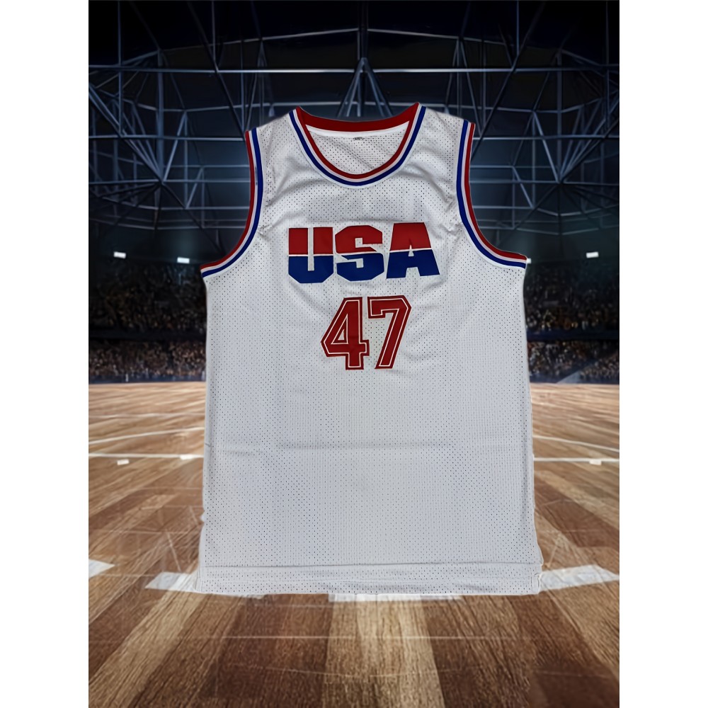 Men's #47 Basketball Jersey - 100% Polyester Knit, Letter & Number, Crew Neck, Sleeveless Sports Top for Training, Casual Wear, Team Sports - Loose Fit, Adult Size, Team Sports Apparel|Patriotic Design| Details