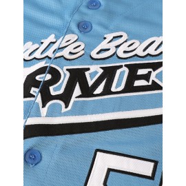 Men's #55 Blue Embroidered Baseball Jersey - V-Neck, Short Sleeve, Lightweight Polyester, Button-Up Shirt with 