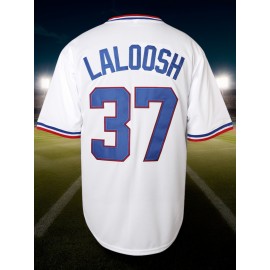 Men's #37 Retro White Baseball Jersey with Blue & Red Stripes - Embroidered, V-Neck, Short Sleeve, Loose Button-Up Shirt for Training & Games - Lightweight Polyester, Machine Washable