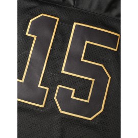 Men's #15 Embroidered Black Football Jersey - V-Neck, Breathable Mesh & Polyester, Short Sleeve Sports Shirt for Parties, Outdoor Activities & Casual Wear, Sizes S-XXXL, Outdoor Activewear|Embroidered Sports Shirt|Quality Embroidery