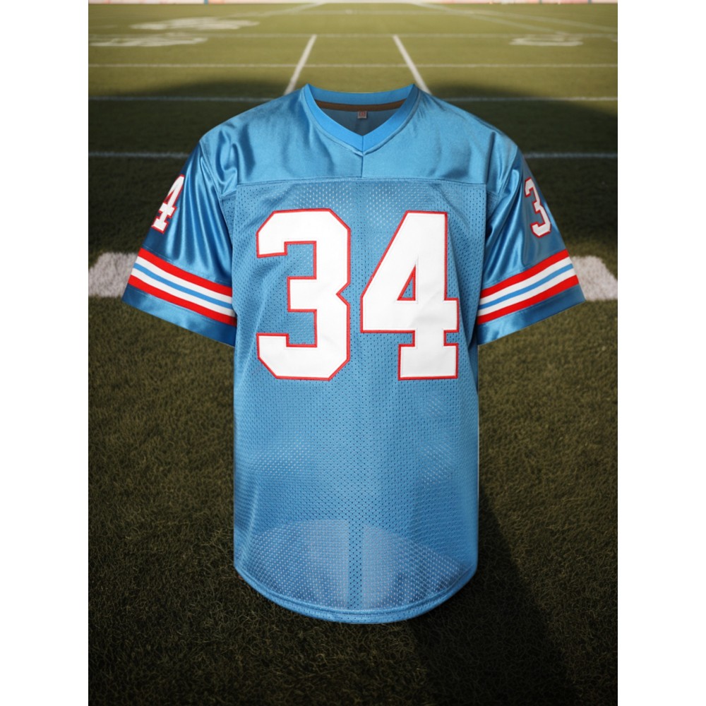 1pc Men'S Vintage Blue #34 Embroidered Polyester Sports Jersey - Breathable V-Neck Short Sleeve Top for Training, Casual Wear & Football Events, Slight Stretch Knit Fabric, Four Seasons