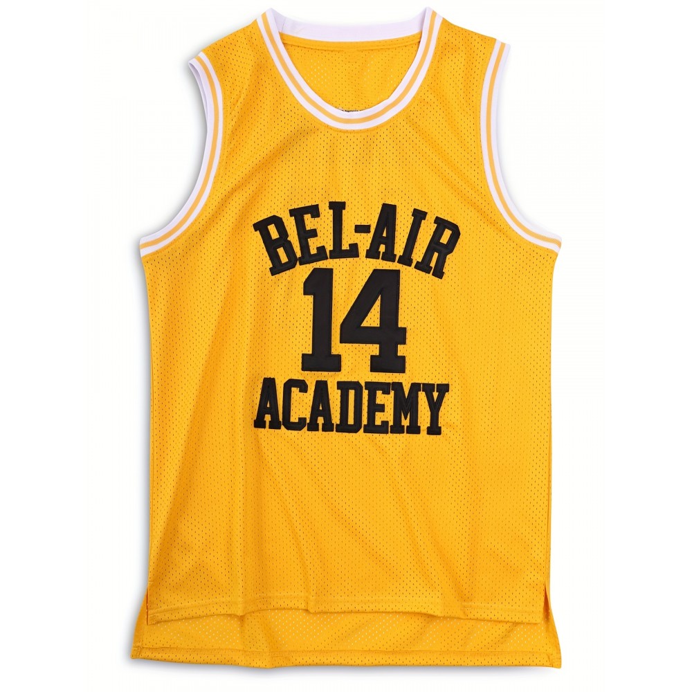 Men's #14 Basketball Jersey, Yellow Retro Crew Neck Tank Top, Letters and Numbers Hand Embroidered Patchwork Breathable Sleeveless Shirt