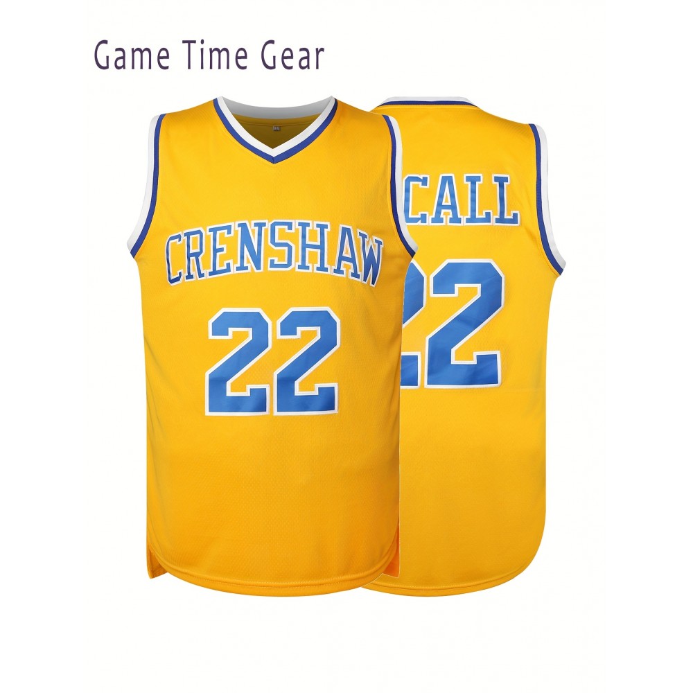 Men's #22 Crenshaw Embroidered Basketball Jersey - Yellow with Blue Trim, V-Neck, Sleeveless Sports Uniform for Streetball, Parties & Casual Wear, Sizes S-XXXL