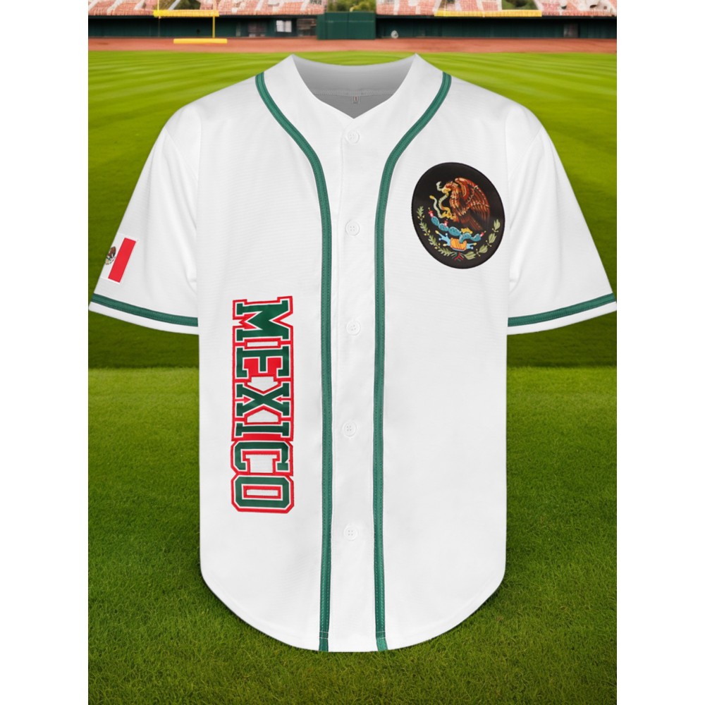 Men'S Polyester Baseball Jersey, Mexico Embroidered V-Neck Button-Up Shirt, Sports Style, Slight Stretch Fabric, for Casual, Training, Baseball, and Party Events, Four Seasons Wear for Adults and Teens